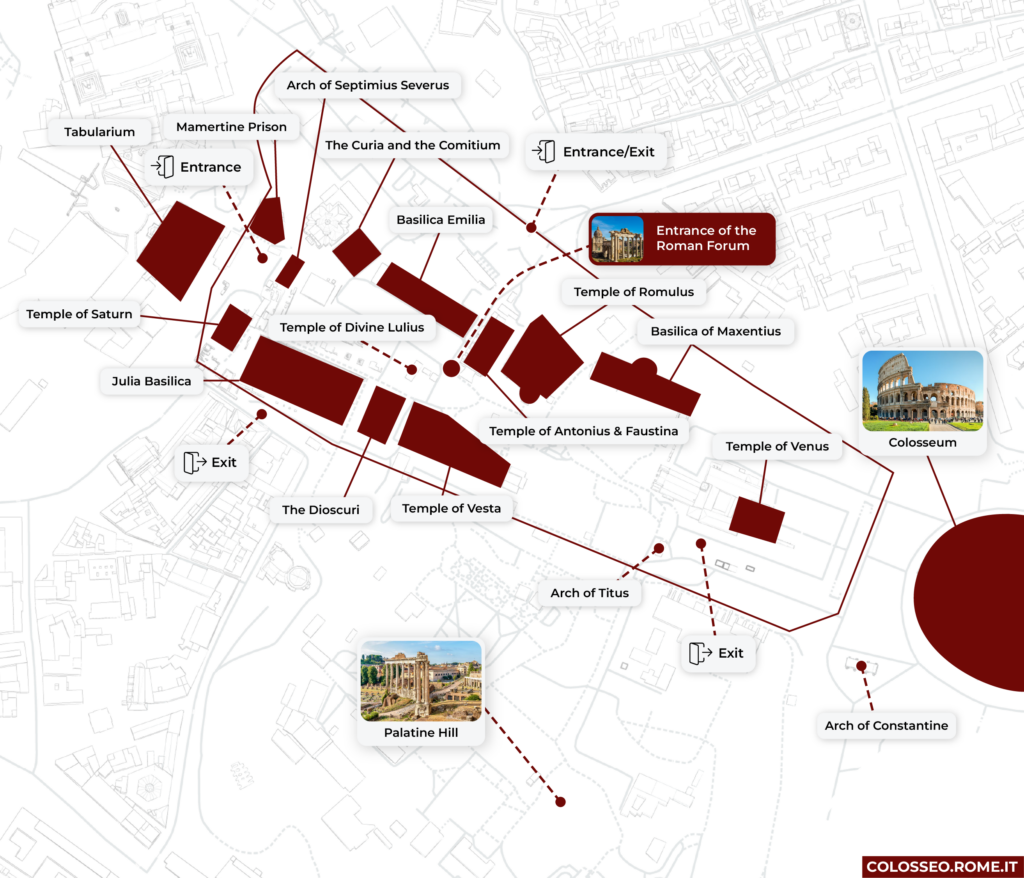 Mapa del Foro Romano y lugares de interés de los alrededores.
