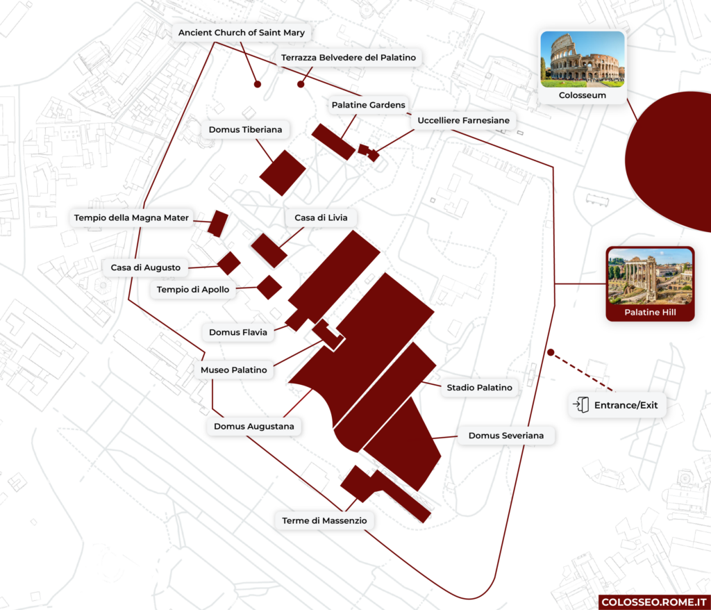 Mapa de los monumentos y la entrada al Palatino.