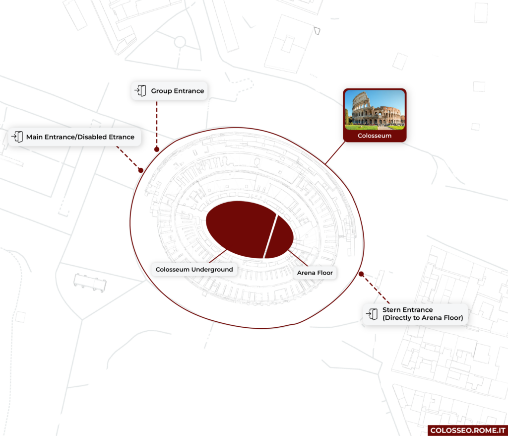 Plano de entrada al Coliseo con puntos de acceso señalizados.